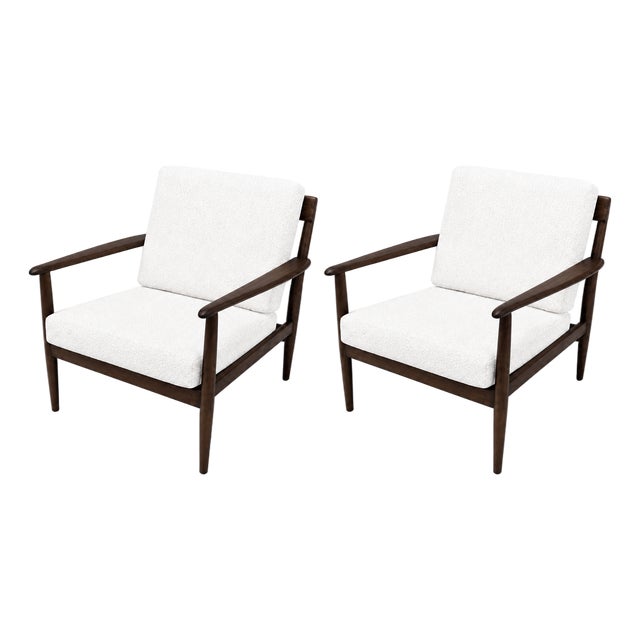 Mid Century Walnut Lounge Chairs Boucle Fabric- Pair For Sale