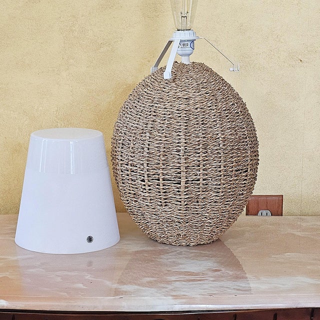 Late 20th Century Vintage Ikea Woven Rattan Coastal Boho Table Lamp With White Frosted Glass Shade For Sale - Image 5 of 18