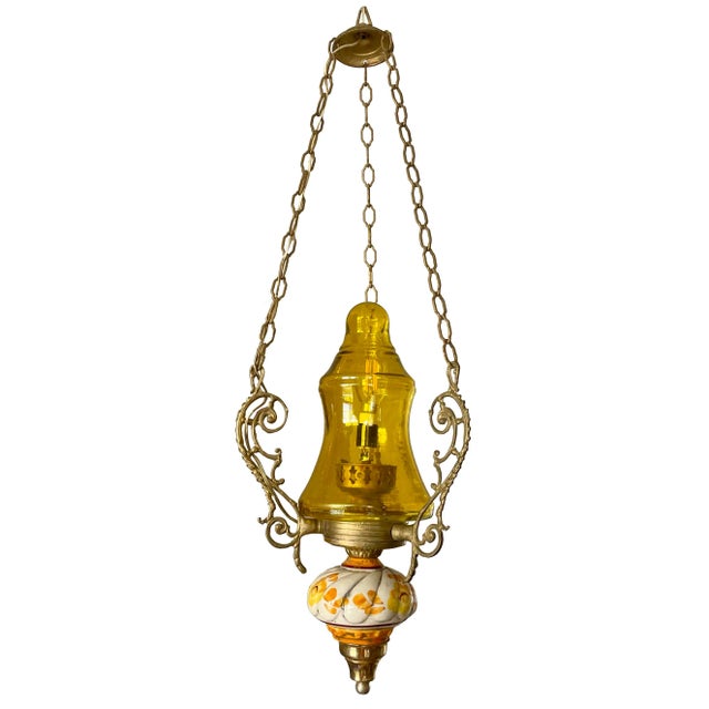 Vintage Brass Cast Pendant With Handblown Glass For Sale - Image 11 of 11