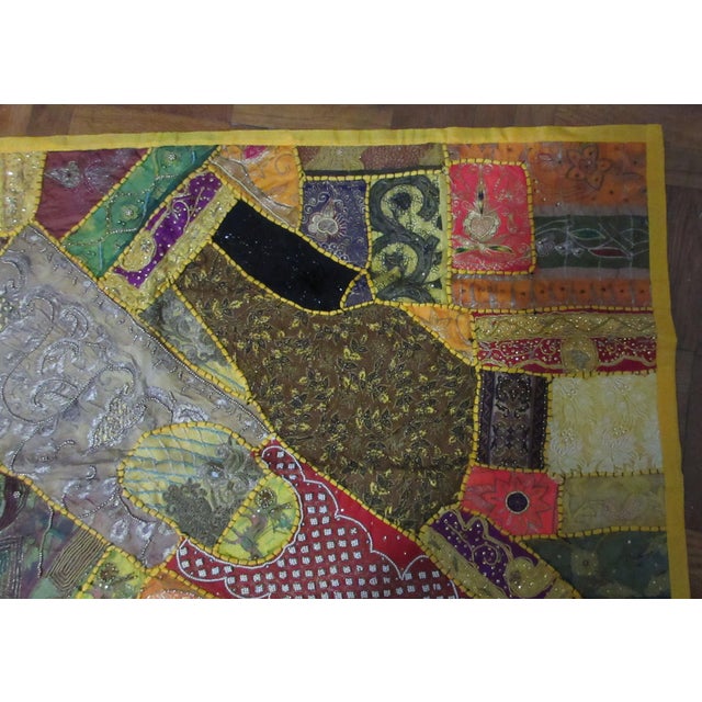 Yellow Vivid Embroidered Patchwork Quilt Handcrafted Textile Art - Jerusalem 36"x24" For Sale - Image 8 of 16