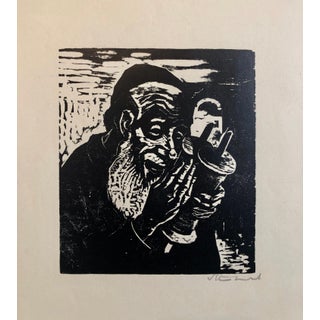 Jacob Steinhardt, Jewish Rabbi with Torah German Expressionist Woodcut Israeli Early Bezalel For Sale