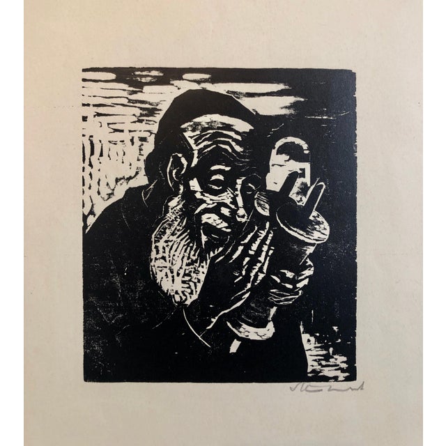 Jacob Steinhardt, Jewish Rabbi with Torah German Expressionist Woodcut Israeli Early Bezalel For Sale