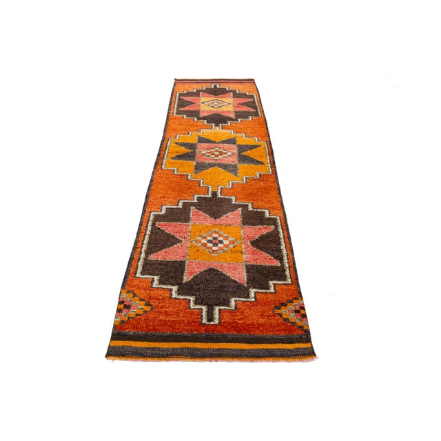 Textile 3 X 10 Vintage Turkish Wool Runner in Burnt Orange With Tribal Geometric Motifs For Sale - Image 7 of 10