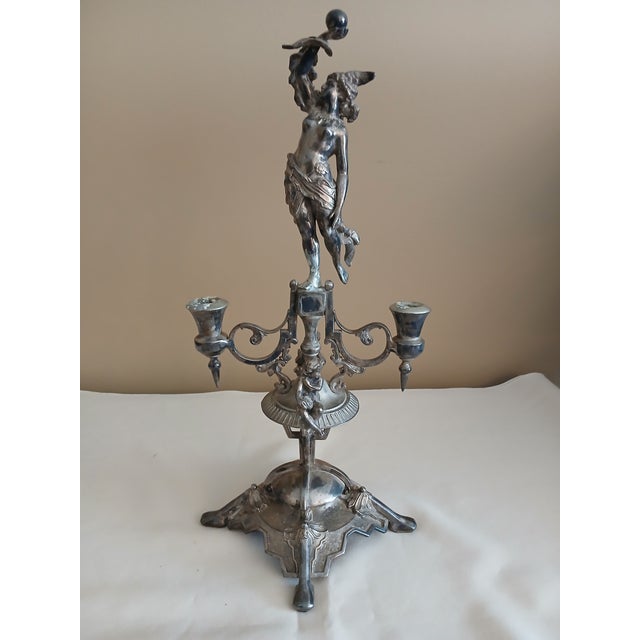 Wilcox Silver Plate Co. Wilcox Figural Silver Plate Epergne With Cranberry Glass For Sale - Image 4 of 14