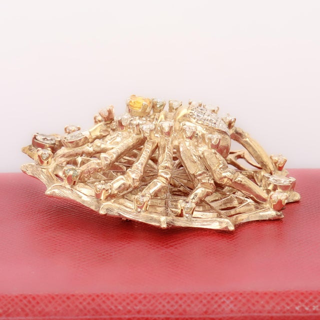 Large 14k Gold, Diamond, and Yellow Sapphire Spider & Web Brooch For Sale - Image 10 of 13