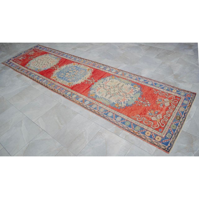 Red Turkish Runner Rug Hand-Knotted Muted Colors Tribal Hallway Decor Lady Bug Pattern - 3'1" X 12'9" For Sale - Image 8 of 14