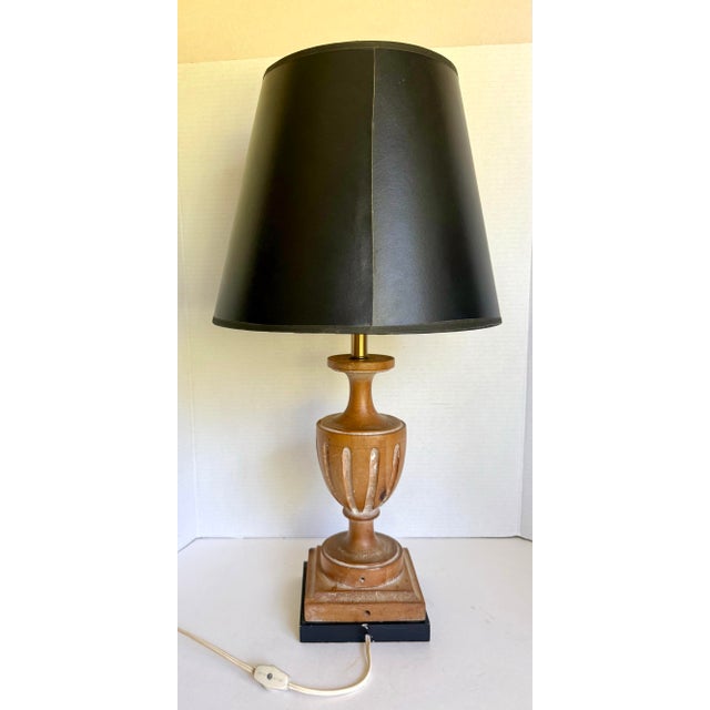 Wood Vintage Neoclassical Whitewashed Carved Wood Urn Table Lamp With Black Shade For Sale - Image 7 of 11