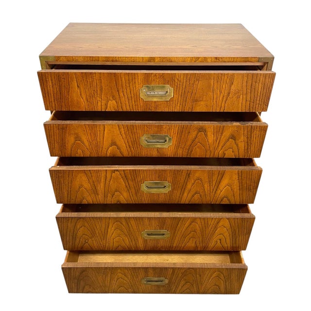 1970s Vintage Campaign Style Five Drawer Dresser by Dixie With Brass-Toned Hardware and Dovetailed Drawers For Sale - Image 5 of 11