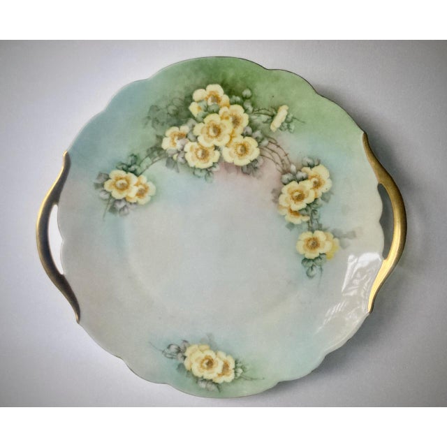 Traditional 1900's Bavarian Gilt Handled Green & Yellow Floral Porcelain Cake Plate For Sale - Image 3 of 13