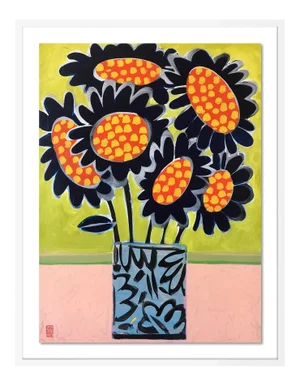 Blue Sunflowers by Jelly Chen in White Framed Paper, Medium Art Print