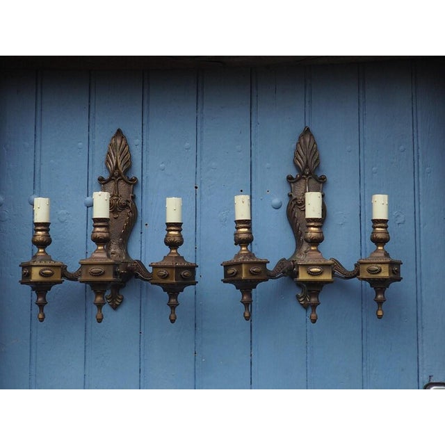 Vintage Rococo Revival Italian 3-Arm Wall Sconces, 1940s, Set of 2 For Sale - Image 6 of 15