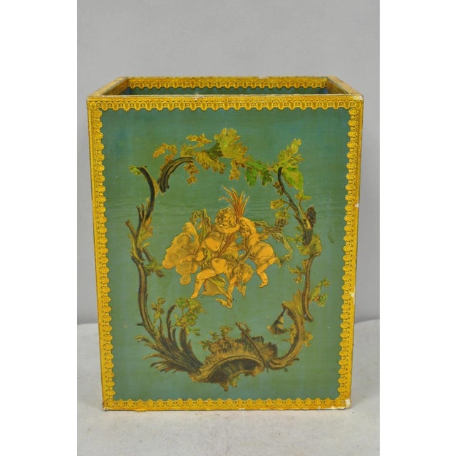 Vintage Italian Venetian Decoupage Green Gold Papier Mache Wastebasket Trash Can For Sale - Image 10 of 18