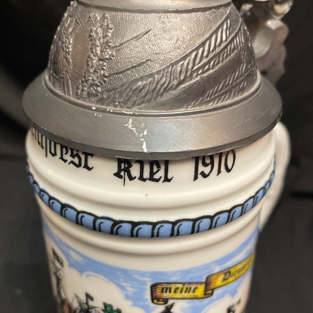 Ceramic Vintage Naval Commemorative Beer Stein With Elaborate Pewter Lid. For Sale - Image 7 of 12