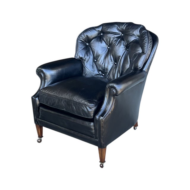 Vintage English Black Leather Club Chair With Tufted Back & Casters For Sale - Image 9 of 12