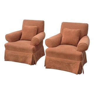 Vintage Square Back Rust Orange Upholstered Skirted Roll Arm Lounge Chairs - A Pair For Sale