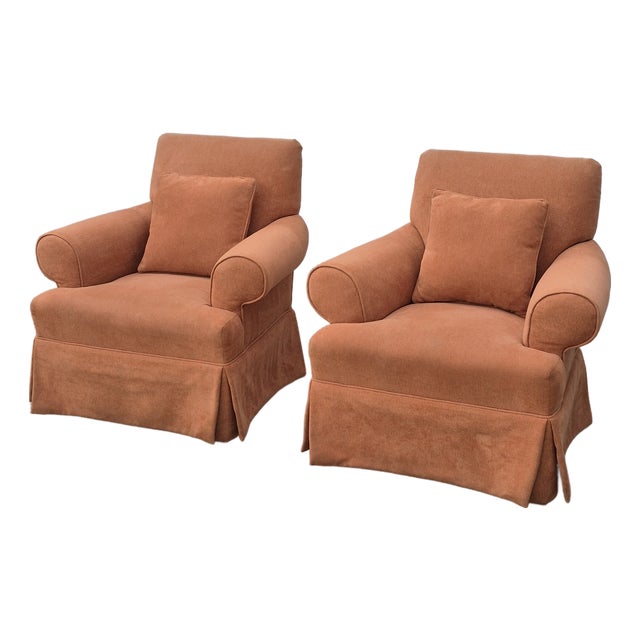 Vintage Square Back Rust Orange Upholstered Skirted Roll Arm Lounge Chairs - A Pair For Sale