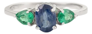 Classic Emerald and Sapphire Three-Stone Women Ring in Sterling Silver - Size 7