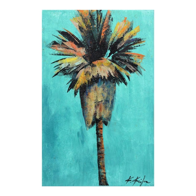 Verdigris Breeze - Turquoise Sky Colorful Palm Tree Original Artwork by Kathleen Keifer For Sale