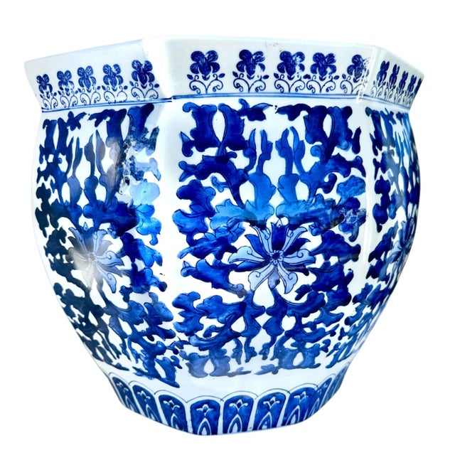 Ceramic 1990s Blue and White Cachepot Jardienere Plant Holder Chinoiserie Porcelain Ceramic Chinese Asian For Sale - Image 7 of 12
