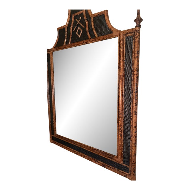 Vintage British Colonial Style Burnt Bamboo and Cane Wall Mirror For Sale