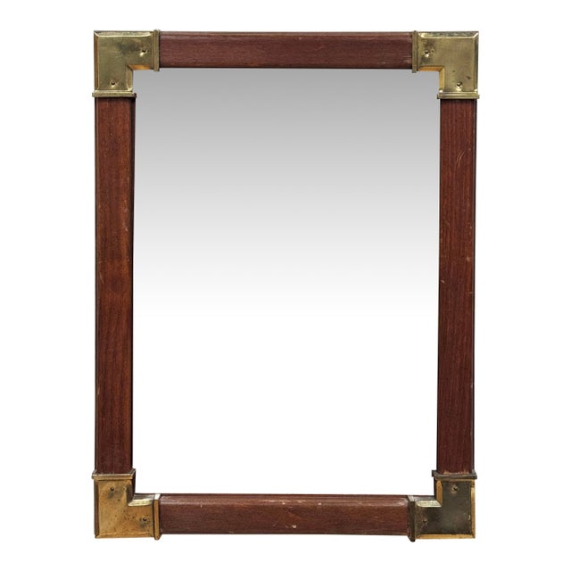 Vintage Solid Wood Wall Mirror With Campaign Brass Hardware For Sale