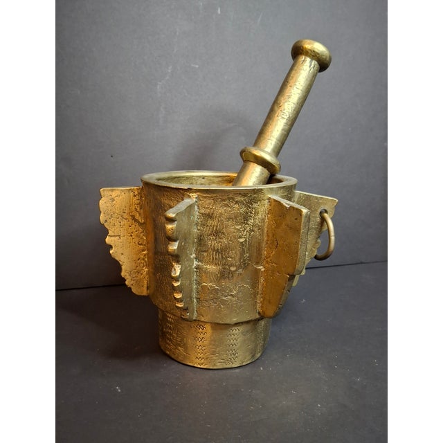 Museum Antique Heavy 18lb Bronze Mortar and Pestle Ribbed Fins Suspension Ring Judaica Sourced J Greenstein For Sale - Image 14 of 18