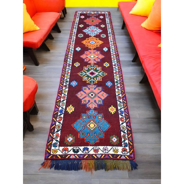 Turkish Runner Rug. Hand-Knotted Tribal Deep Pink Color Hallway Rug, Kitchen Decor - 3′ × 12′ For Sale - Image 4 of 17