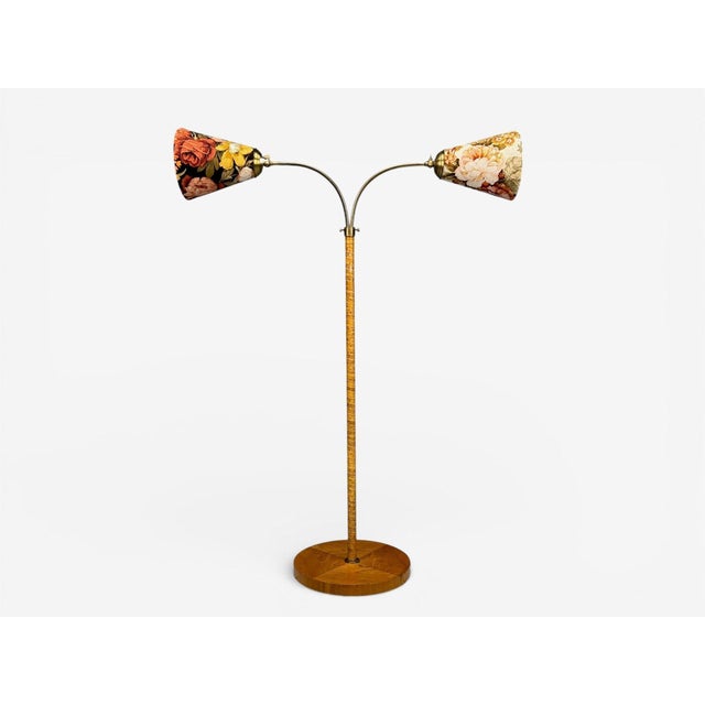 Mid-Century Modern Corona Belysning, Floor Lamp, Wood, Brass, Fabric, Sweden, 1940s For Sale - Image 3 of 18