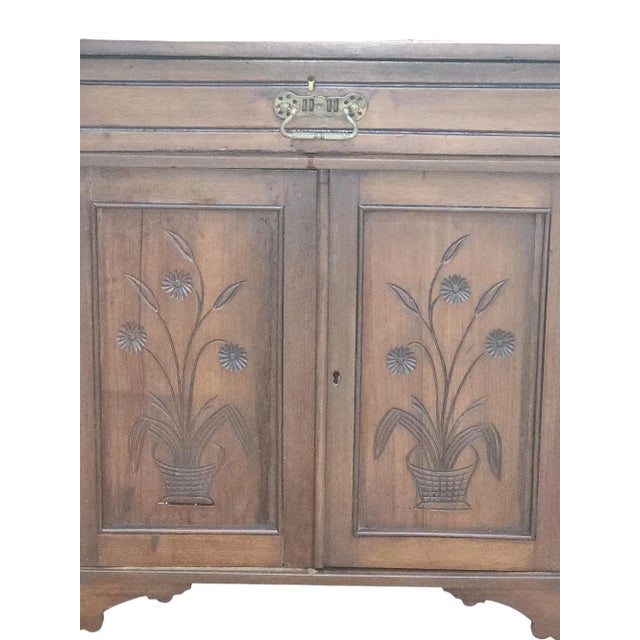 Quality solid walnut English early Victorian mirrorback side cabinet on Aesthetic Movement style. Original bevelled glass...