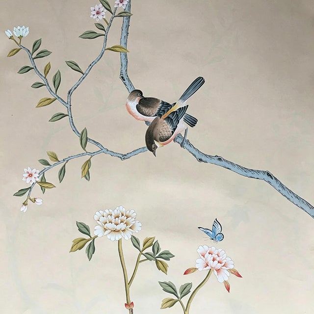 Paper Hand Painted Chinoiserie Wallpaper Mural With Birds and Botanical Branches, Elegant Nature Inspired Wall Art For Sale - Image 7 of 8