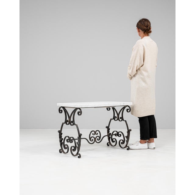 French Provincial 1950s French Cast Iron Side Table With Marble Top For Sale - Image 3 of 18
