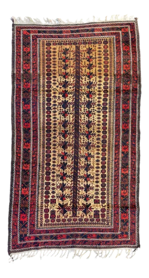 1930s Caucasian Red Gold Brown Geometric Tribal Baluch Rug