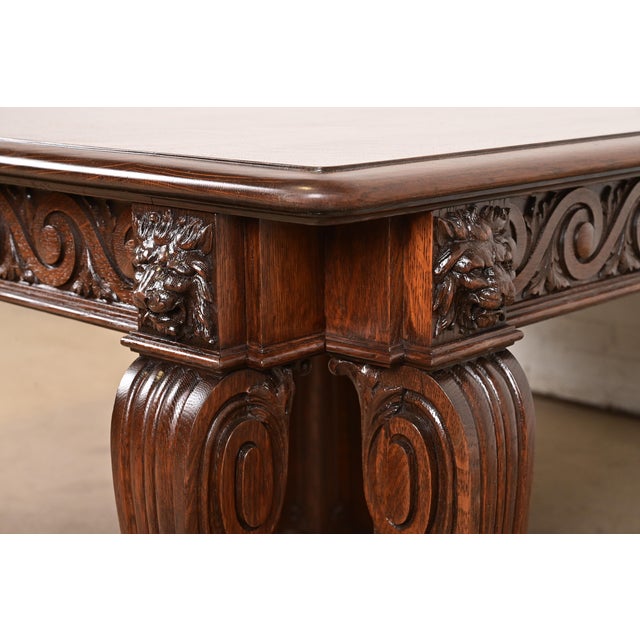 R. J. Horner Style Monumental Antique Victorian Carved Oak Extension Dining Table, Newly Refinished For Sale - Image 11 of 16