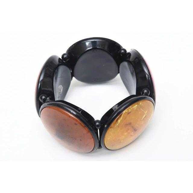 Modern Vintage French Resin Five Disk Pink, Amber Yellow, Sage Green, Rust Orange Stretch Bracelet 80's For Sale - Image 3 of 9