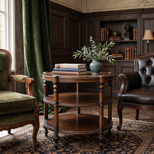 A very elegant 3-tier round center table hand-made in a luxurious brown leather finish and dark wood construction...