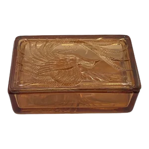 Vintage Indiana Glass Company Tiara Glass Amber Trinket Box With Bird of Paradise Design