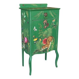 Vintage Custom Painted Tropical Leopard Cabinet With Lion Pull For Sale
