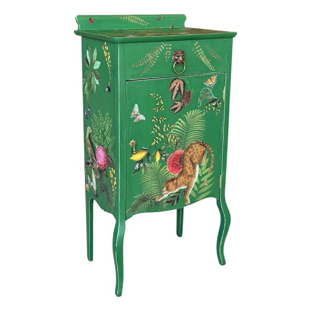 Vintage Custom Painted Tropical Leopard Cabinet With Lion Pull For Sale