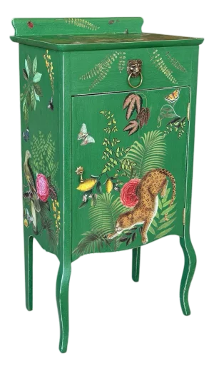 Vintage Custom Painted Tropical Leopard Cabinet With Lion Pull