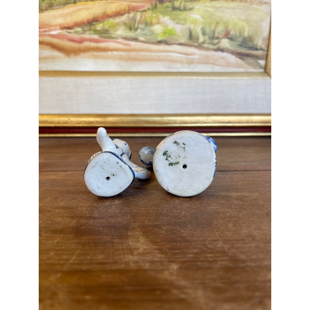 Vintage Blue and White Porcelain Figurine Pair, Hand-Painted Folk Figures For Sale - Image 10 of 10