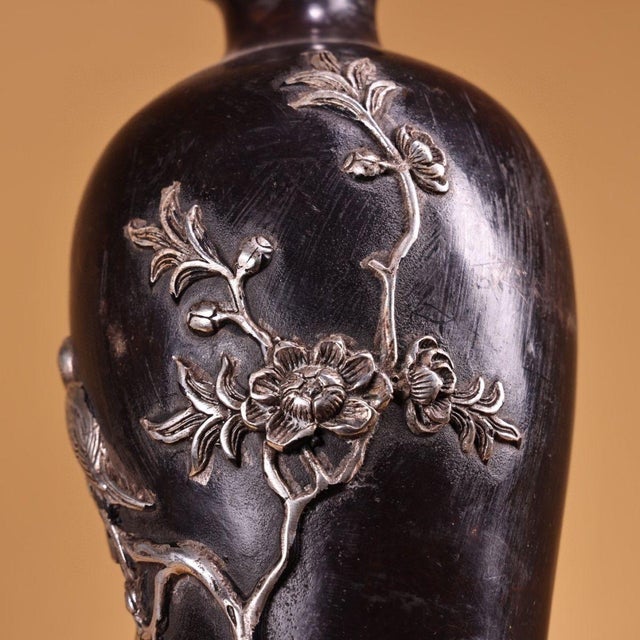 Pair of Vintage Chinese Copper & Silver Repoussé "Magpie & Plum Blossom" Mei Vases - 1120g Total For Sale - Image 9 of 10
