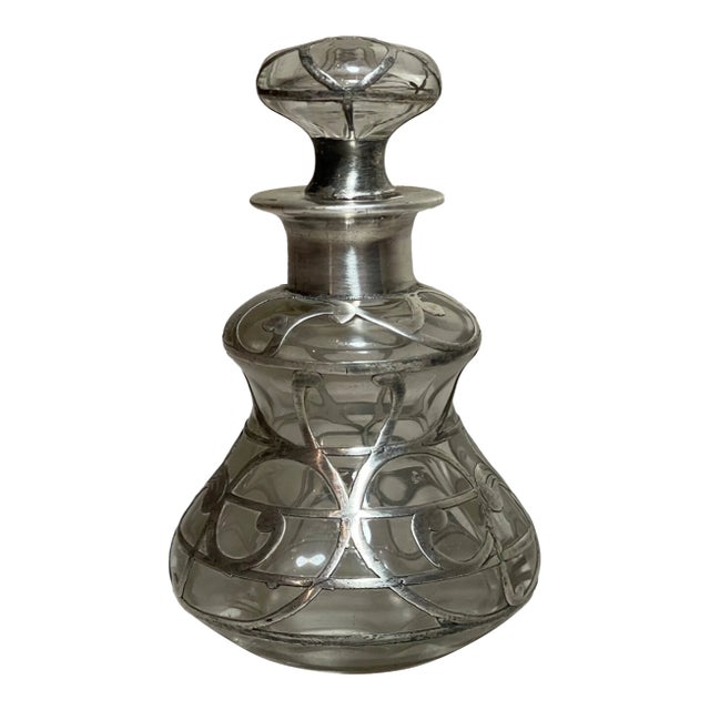 Antique Sterling Silver Overlay Clear Glass Perfume Scent Cologne Bottle Jar For Sale