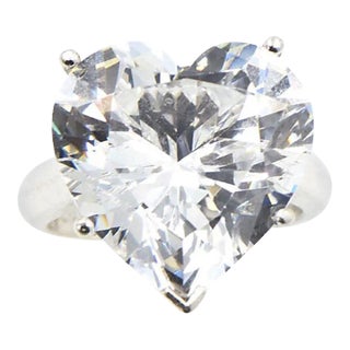 Large CZ Heart Sterling Silver Cocktail Solitaire Ring size 6 For Sale