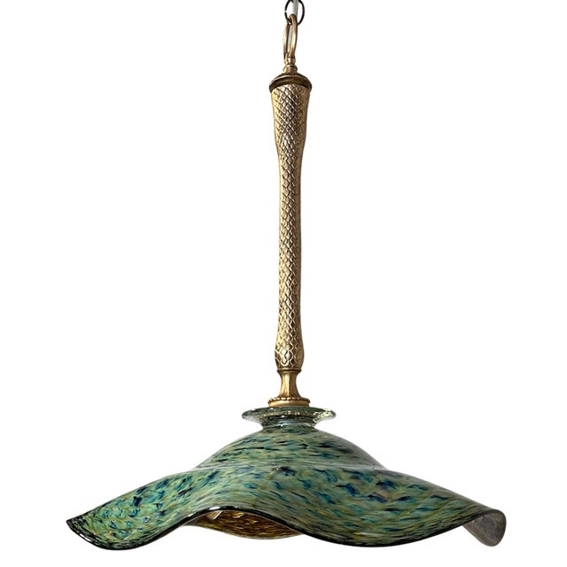 Ruffled Swirled Multicolor Green Art Glass and Brass Tone Pendant Light Signed R. Mynatt For Sale - Image 13 of 18