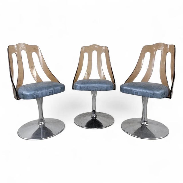 Metal Vintage Retro Space Age Tulip Lucite Swivel Dining/Side Chairs in Leather, Set of 3 For Sale - Image 7 of 9