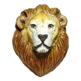 Large Vintage Italian Regal Lions Head "Trophy Mount", Glazed Earthenware Sculptural Wall Hanging For Sale