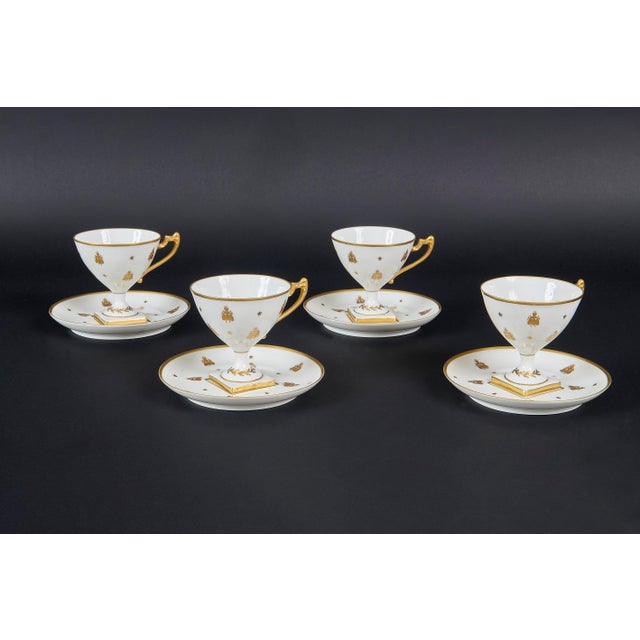 Empire Gilded Porcelain Cups and Plates from Camille Le Tallec, 1940s, Set of 8 For Sale - Image 3 of 9