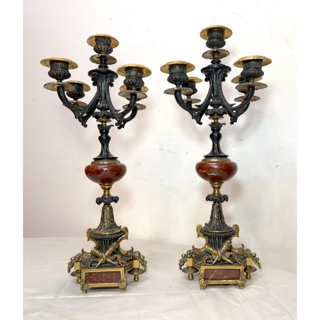Up for sale is a very high quality pair of antique 19th century solid bronze and marble candelabras. They're cast with...