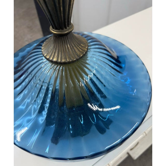 Blue Vintage Monumental Italian Hand Blown Mid-Century Blue Glass and Brass Lamps After Murano-a Pair For Sale - Image 8 of 11