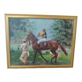 Vintage Signed Horse Racing Scene Painting, Framed For Sale
